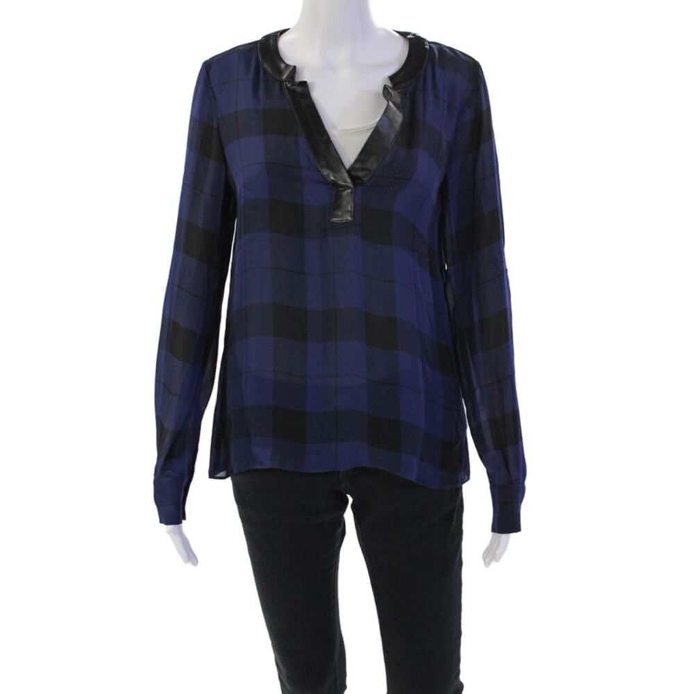 Parker Womens Silk Plaid Print Faux Leather Trim Sheer Blouse Blue Size S